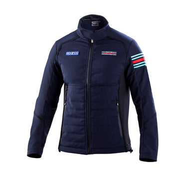 Sparco Martini Soft Shell Jacket front view in navy with embroidered Martini Racing stripes on sleeve –Image